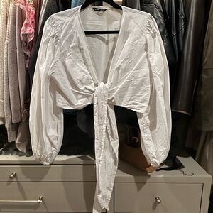 Zara White Tie-Front Puff Sleeve Blouse
